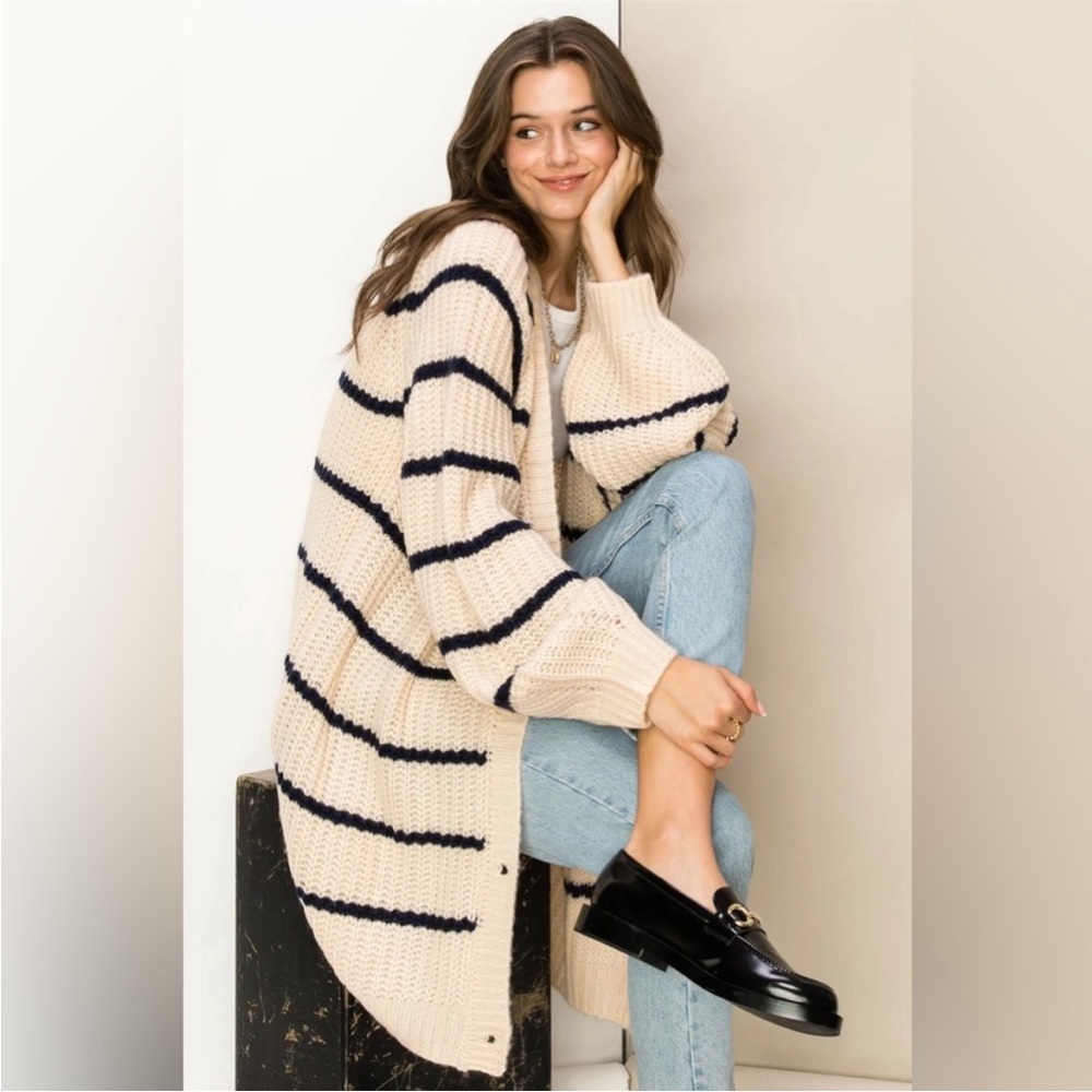 Oversized Striped Cream and Black Women's Sweater
